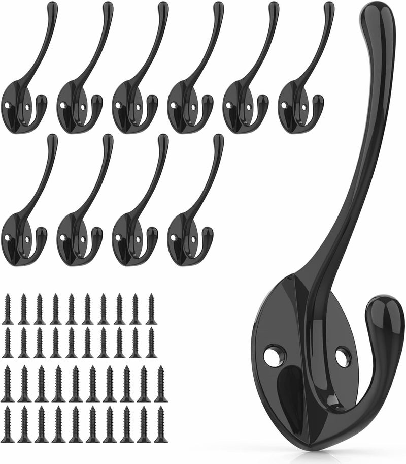 PRIGVOT Heavy-Duty Metal Coat Hooks for Wall, 10-Pack Black Wall Mounted Hooks with 20 Screws, Double Robe Hooks for Coat, Hat, Robe, Towel, Entryway, Bathroom, Kitchen - Image 1